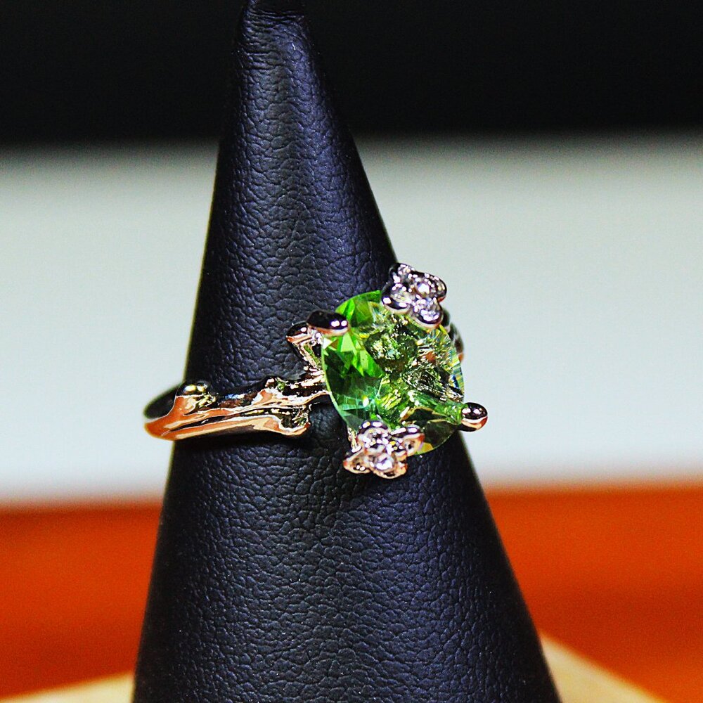 Beautiful Silver Tone Ring with Simulated Emerald and Diamonds
